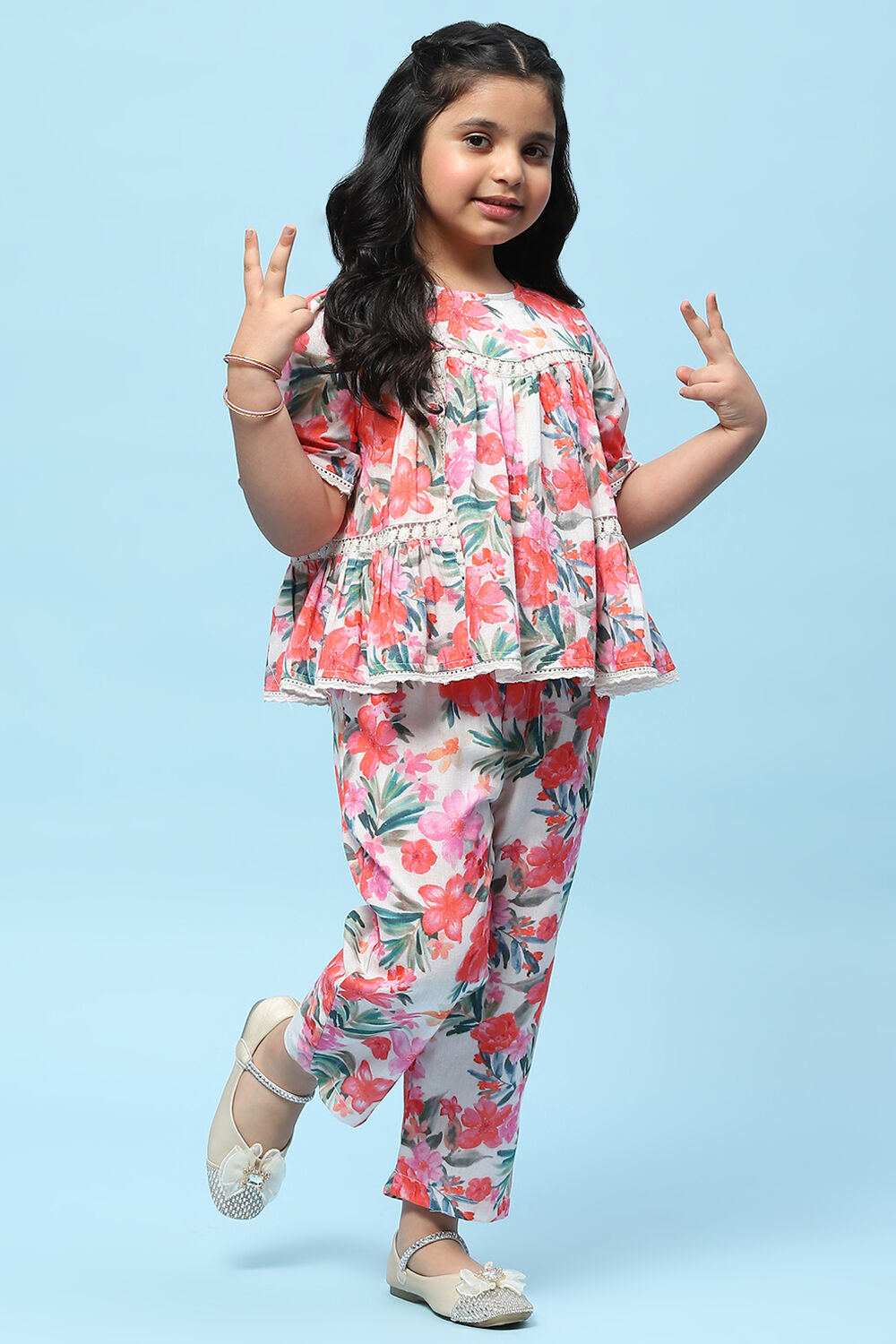 Off-White Pure Cotton Floral Print Top and Pant Set image number 0