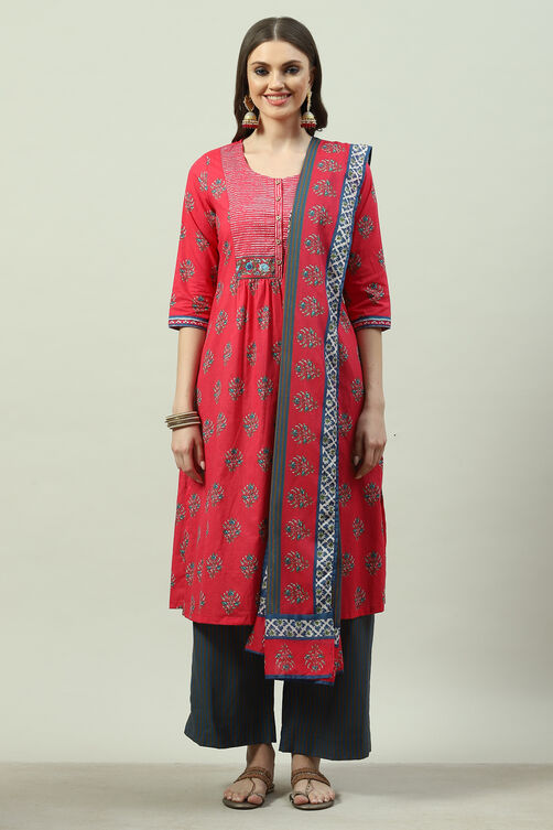 Red Cotton Straight Kurta Palazzo Suit Set image number 5