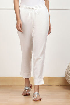White Cotton Solid Regular Pants image number 4