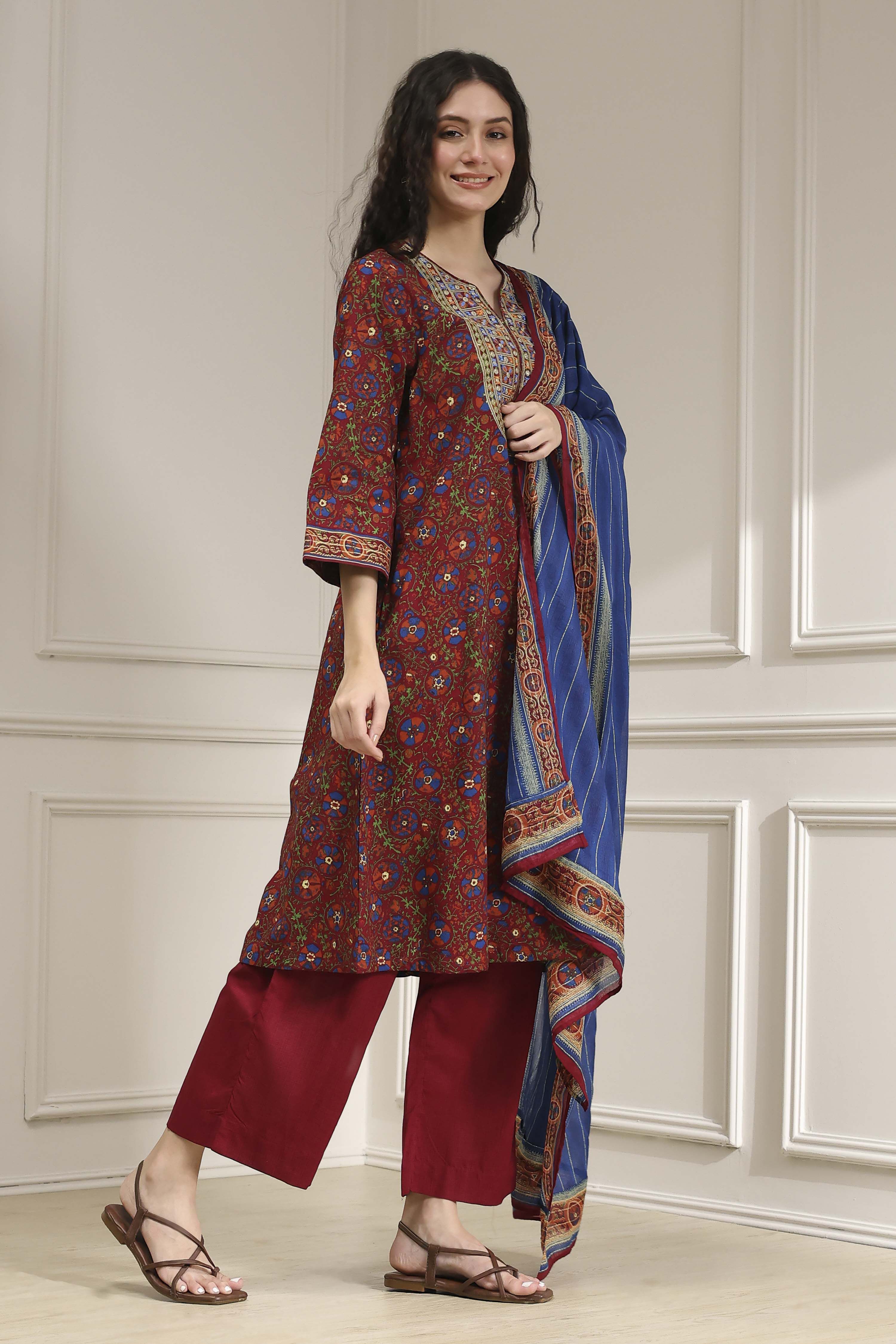 Rust and Blue Cotton Printed A-Line Suit Set image number 5