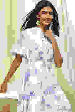 White and Blue Cotton Floral Flared Dress image number 0