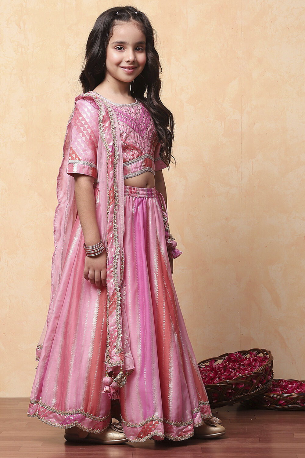 Pink Poly Chanderi Printed Flared Festive Lehenga Set image number 5