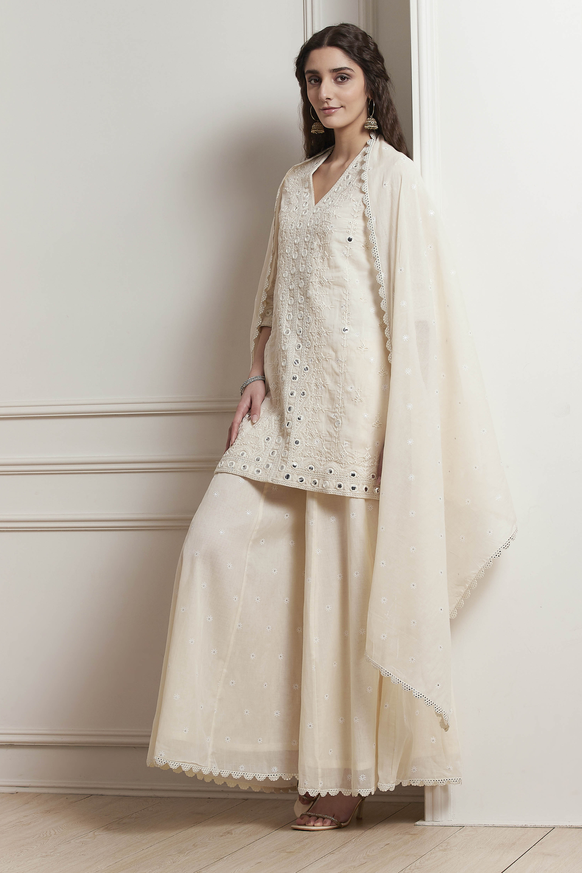 Ecru Cotton Embroidered Straight Sharara Suit Set