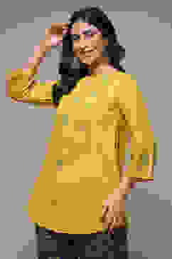 Yellow LIVA Printed Kurti image number 3