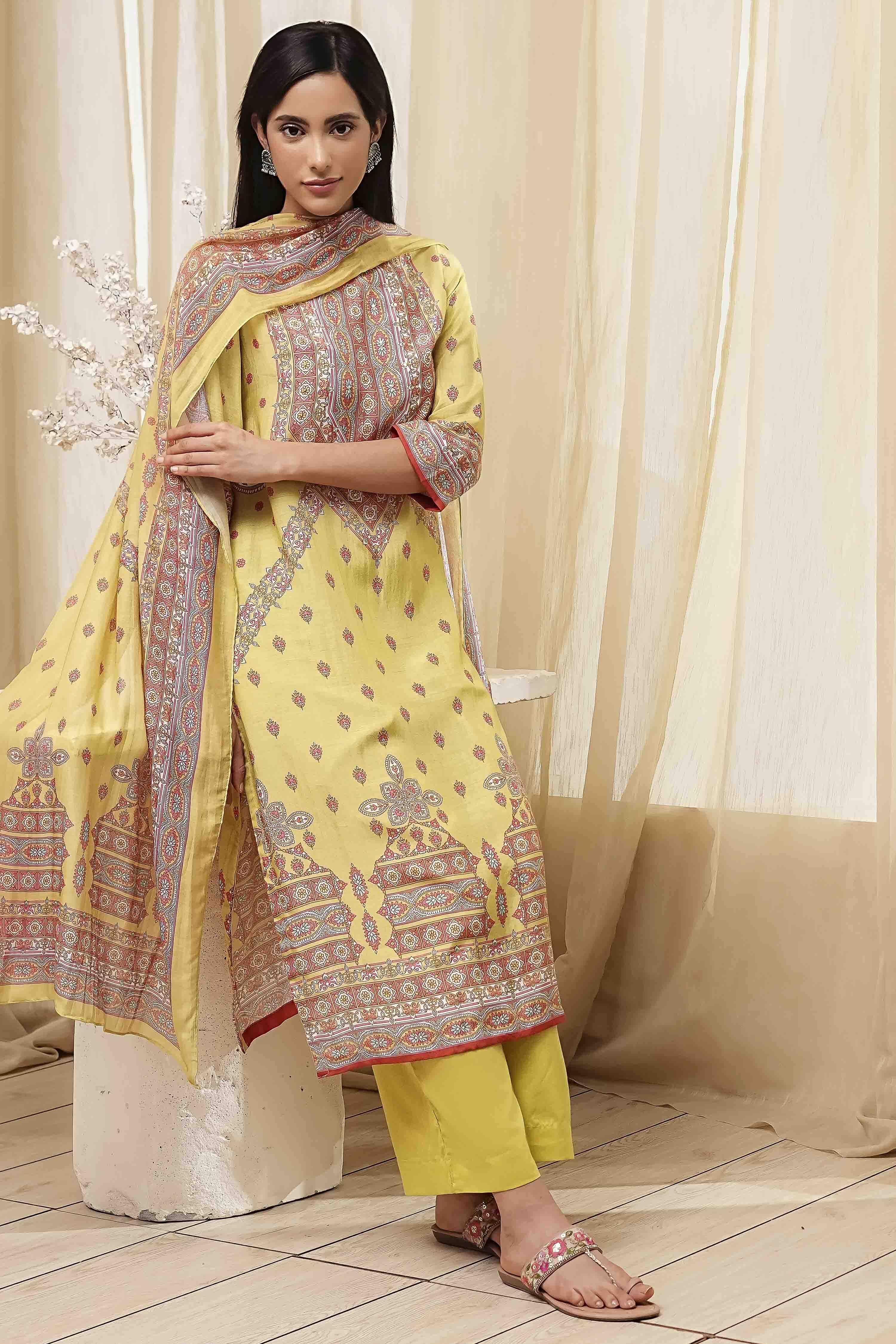 Green Modal Printed Straight Suit Set image number 0