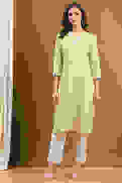 Light Lime Green Cotton Solid Regular Fit Straight Kurta image number 5