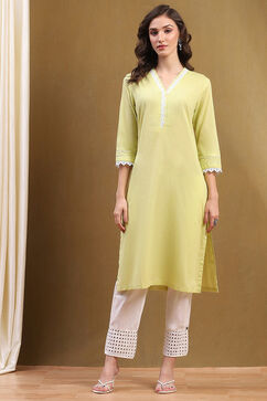 Light Lime Green Cotton Solid Regular Fit Straight Kurta image number 5