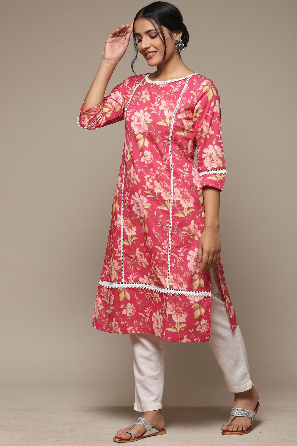 Pink Cotton Straight Printed Kurta image number 2