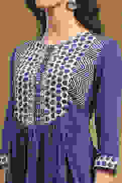Indigo Cotton Printed Gathered Kurta Set image number 1
