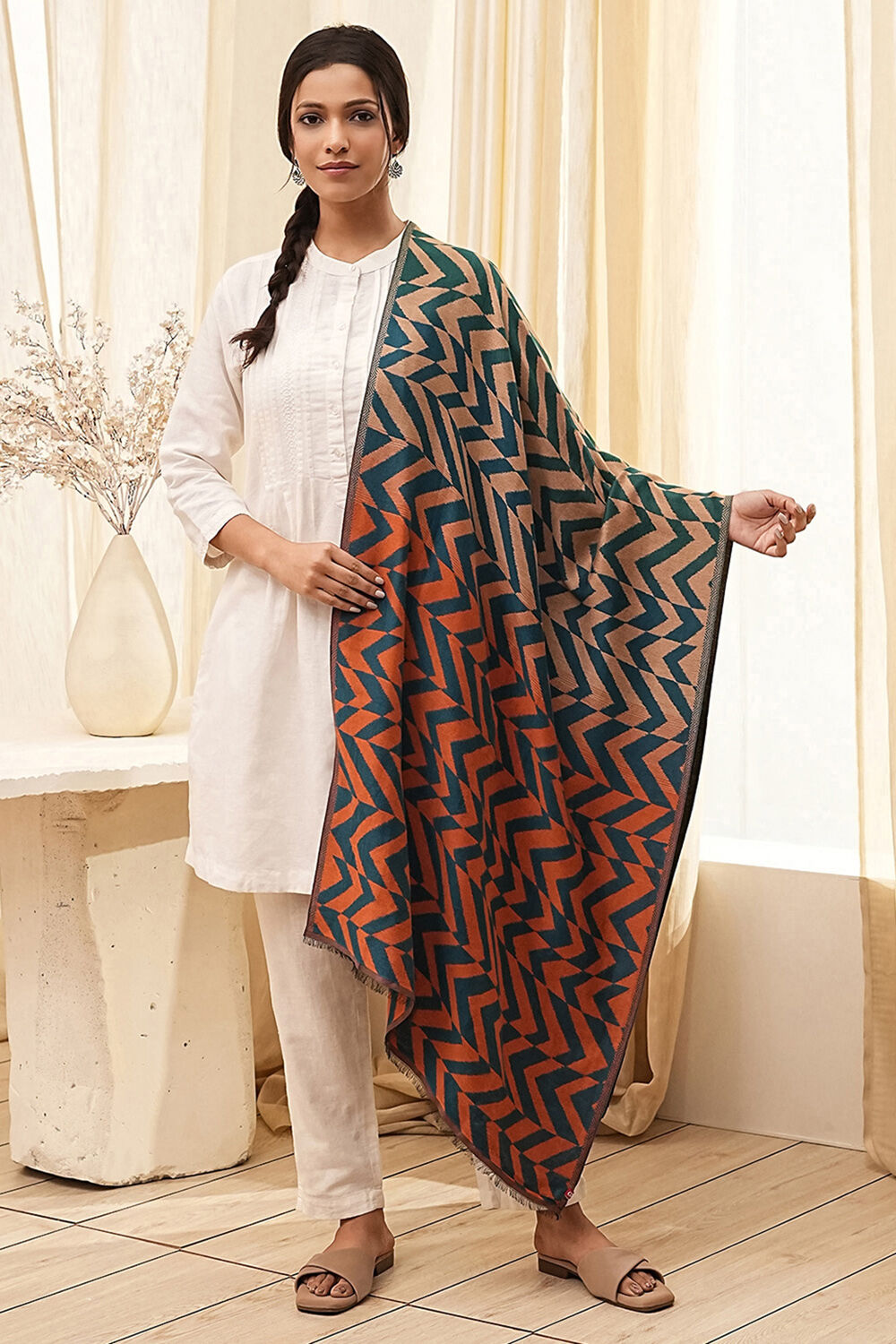 Navy & Orange Cotton Blend Dupatta image number 2