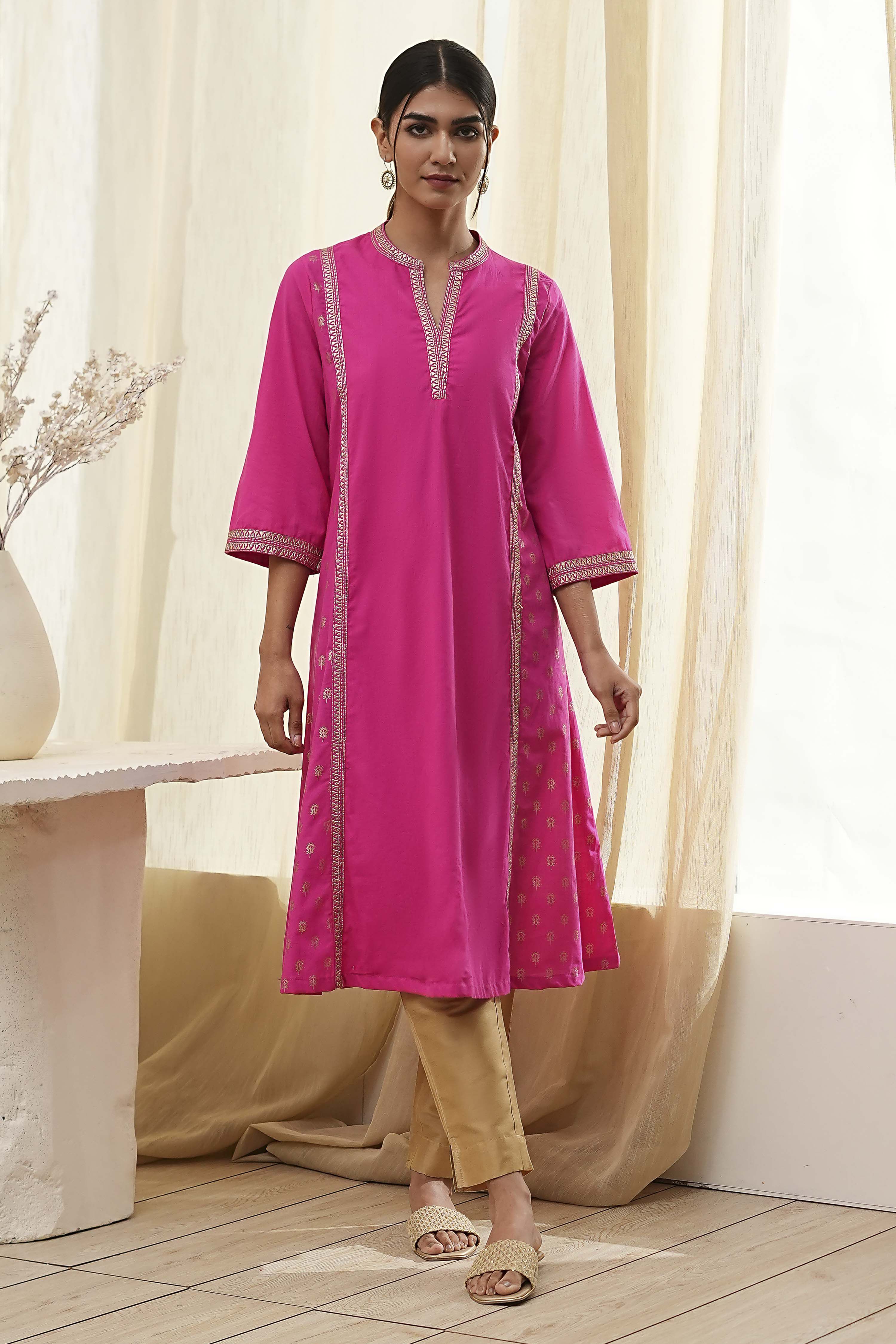 Fuchsia Cotton Printed A-Line Kurta image number 5