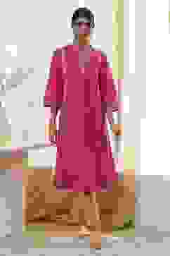 Fuchsia Cotton Printed A-Line Kurta image number 5