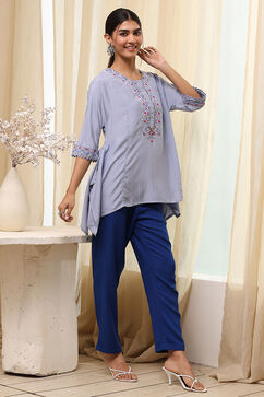 Dull Blue Modal Blend Asymmetric Short Kurta image number 4