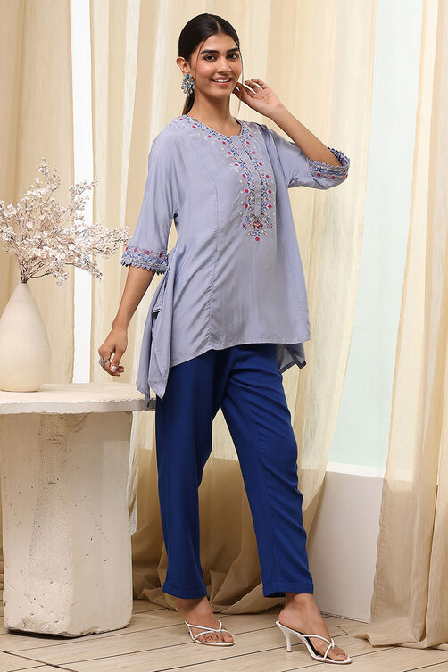 Dull Blue Modal Blend Asymmetric Short Kurta image number 4