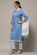 Blue Cotton Unstitched Suit set image number 5