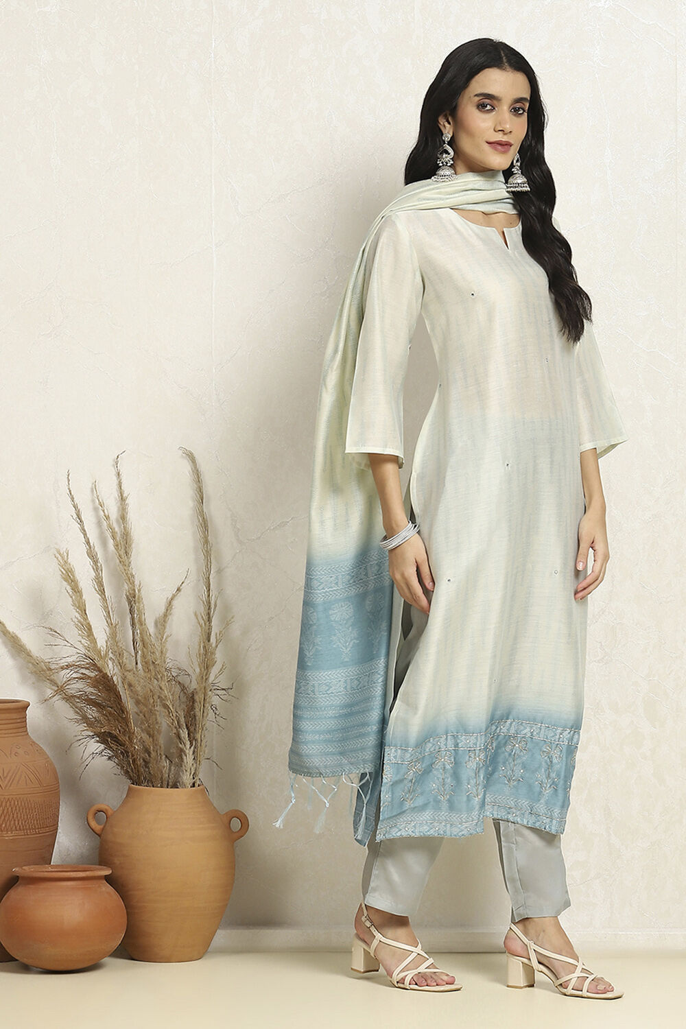 Orange Chanderi Woven Unstitched Suit Set image number 6