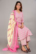 Pink Cotton Screen Print Unstitched Suit Set image number 0