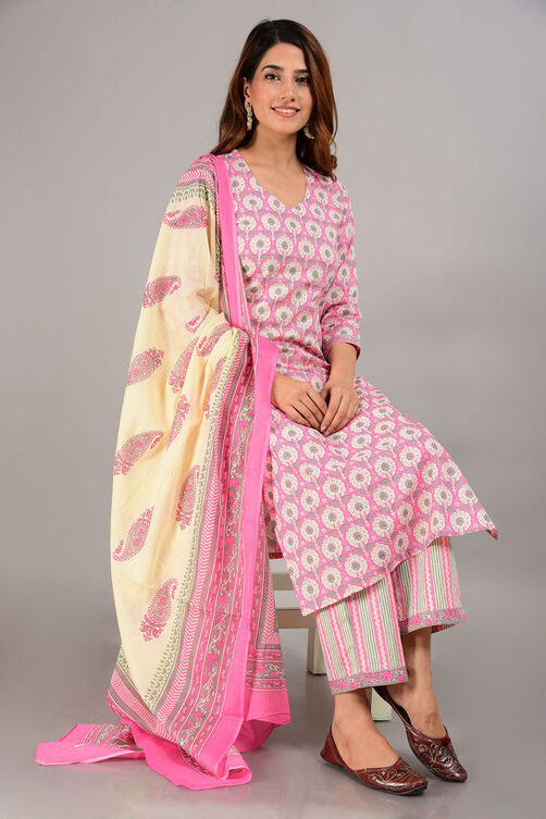 Pink Cotton Screen Print Unstitched Suit Set image number 0