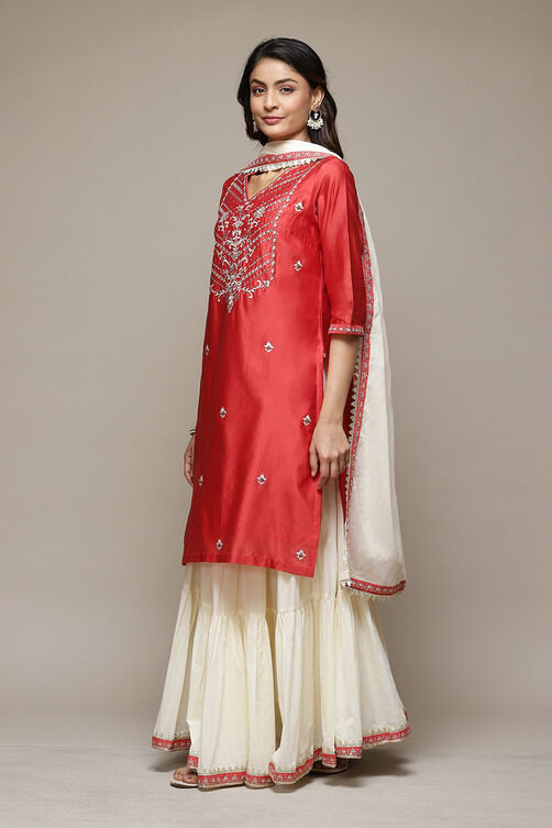 Red & Off White Cotton Blend Straight Kurta Suit Set image number 5