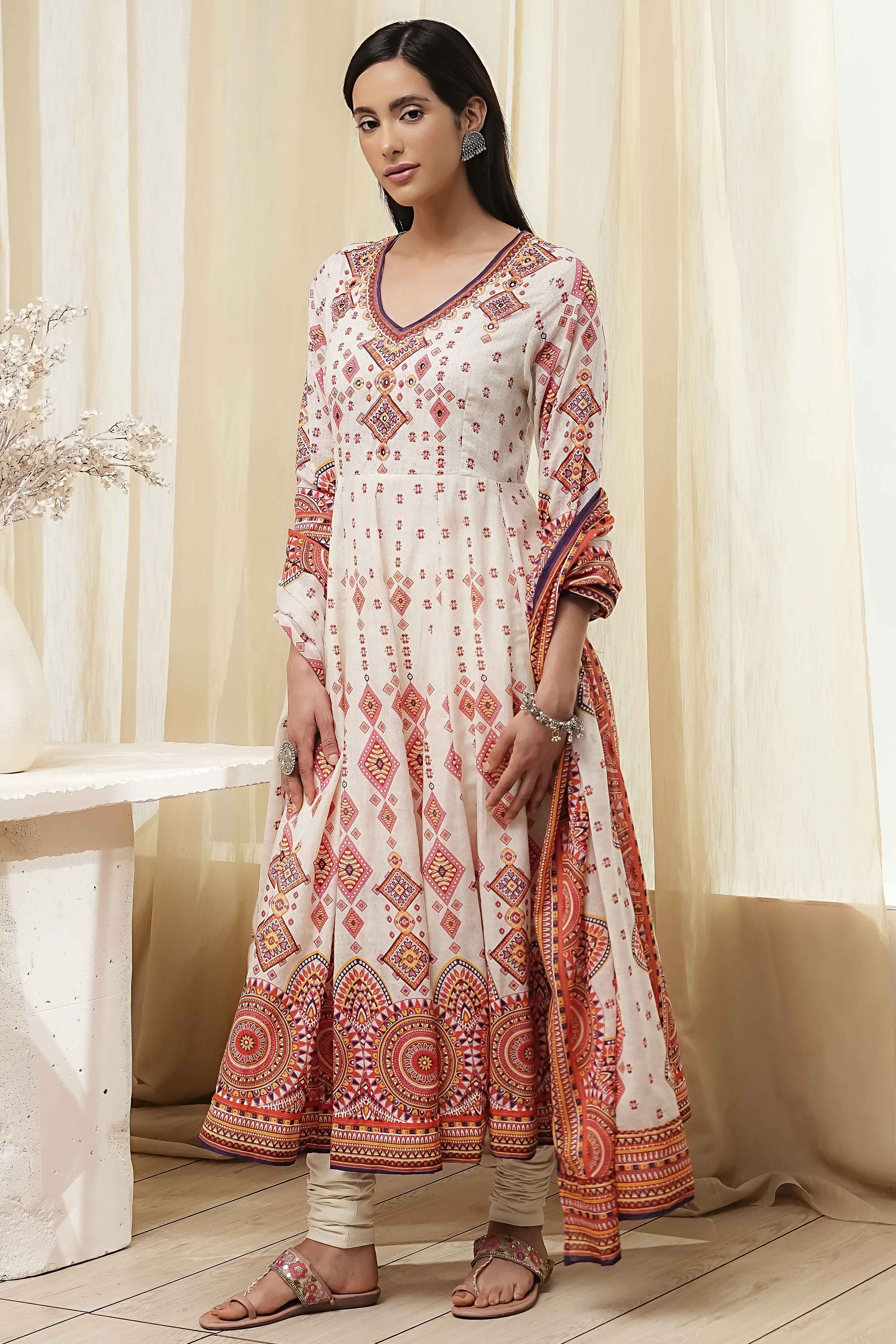 Ecru Cotton Printed Anarkali Suit Set image number 3