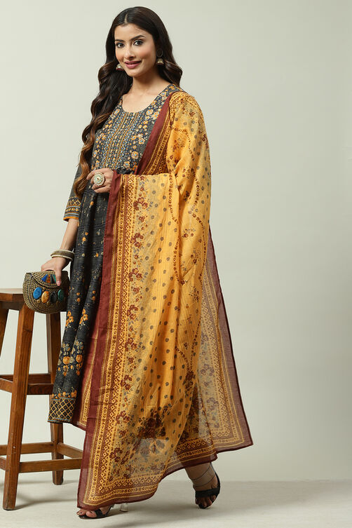 Black Cotton Anarkali Kurta Churidar Suit Set image number 7