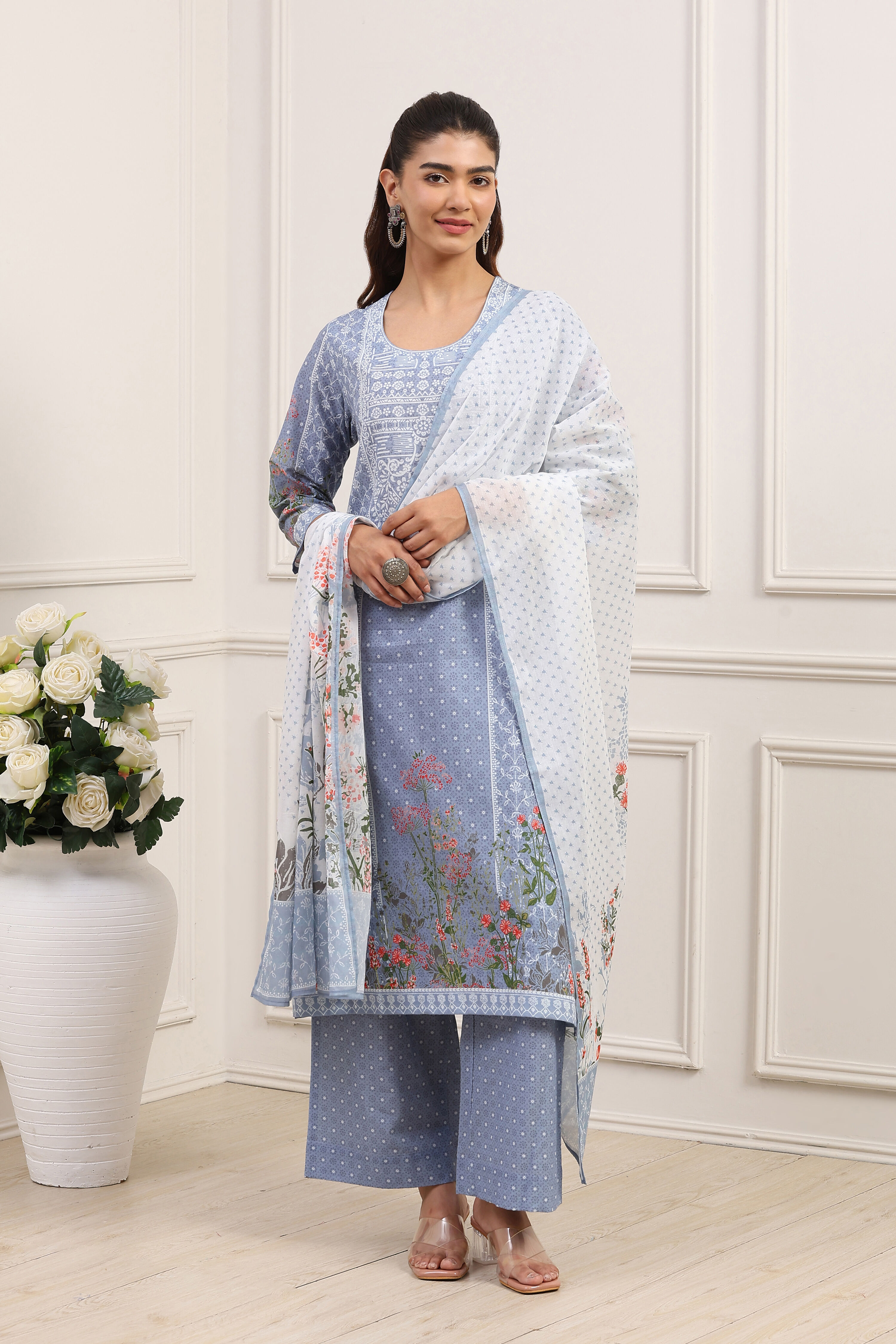 Powder Blue Cotton Straight Kurta Palazzo Suit Set image number 6