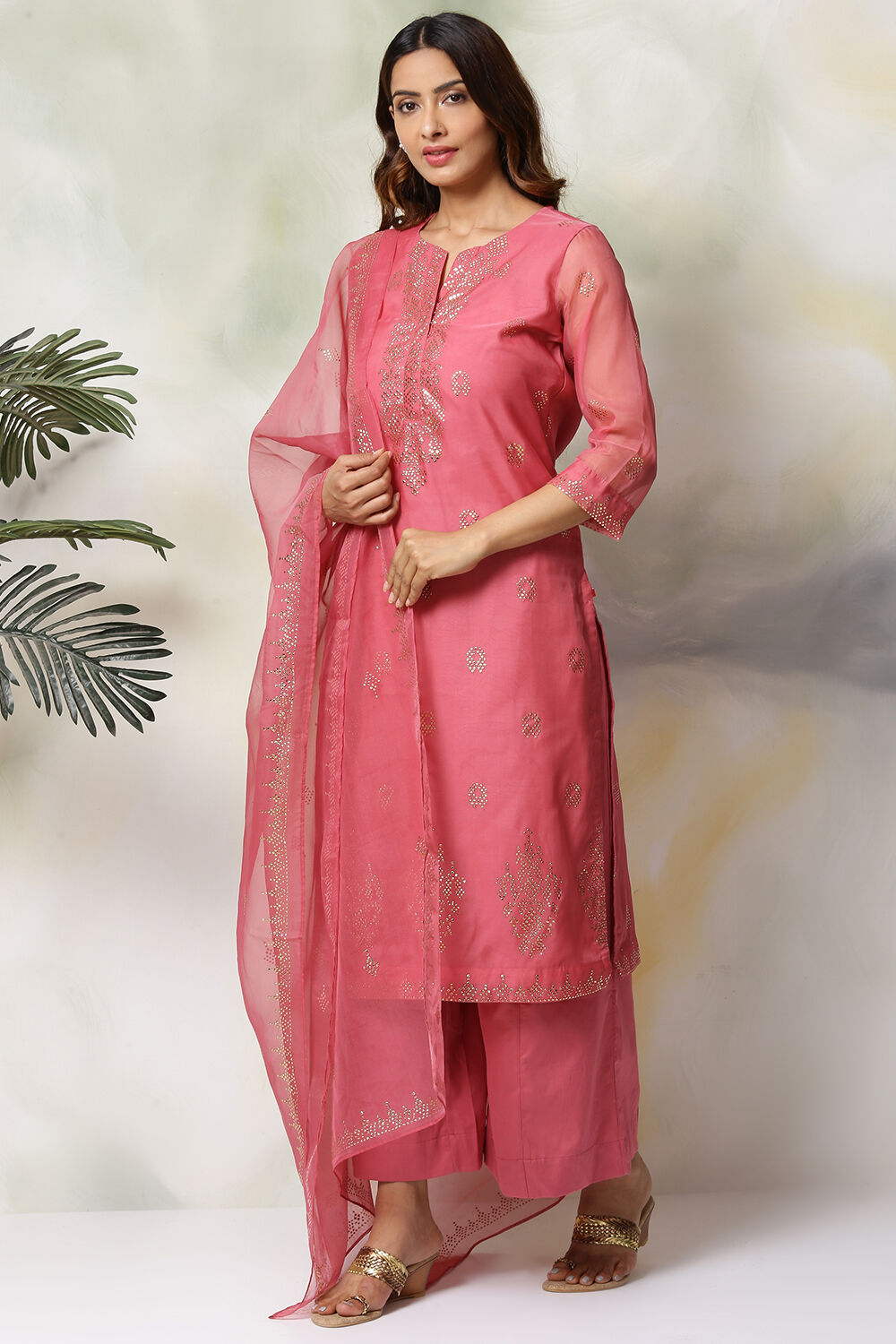 Lime Green Art Silk Straight Kurta Flared Palazzo Suit Set image number 4