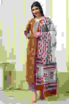 Red Cotton Screen Print Unstitched Suit Set image number 1