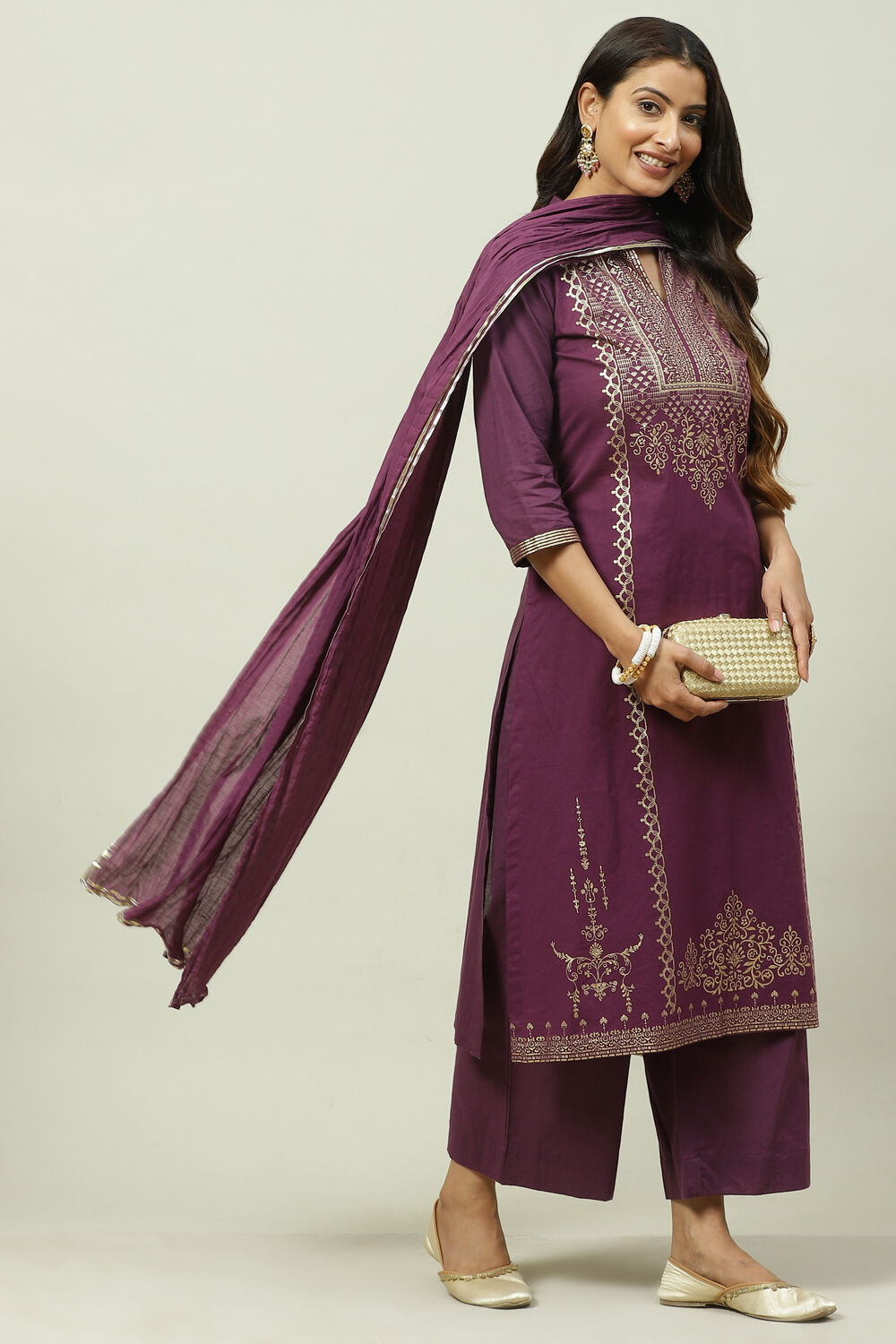 Mustard Printed Cotton Straight Kurta Palazzo Suit Set image number 6