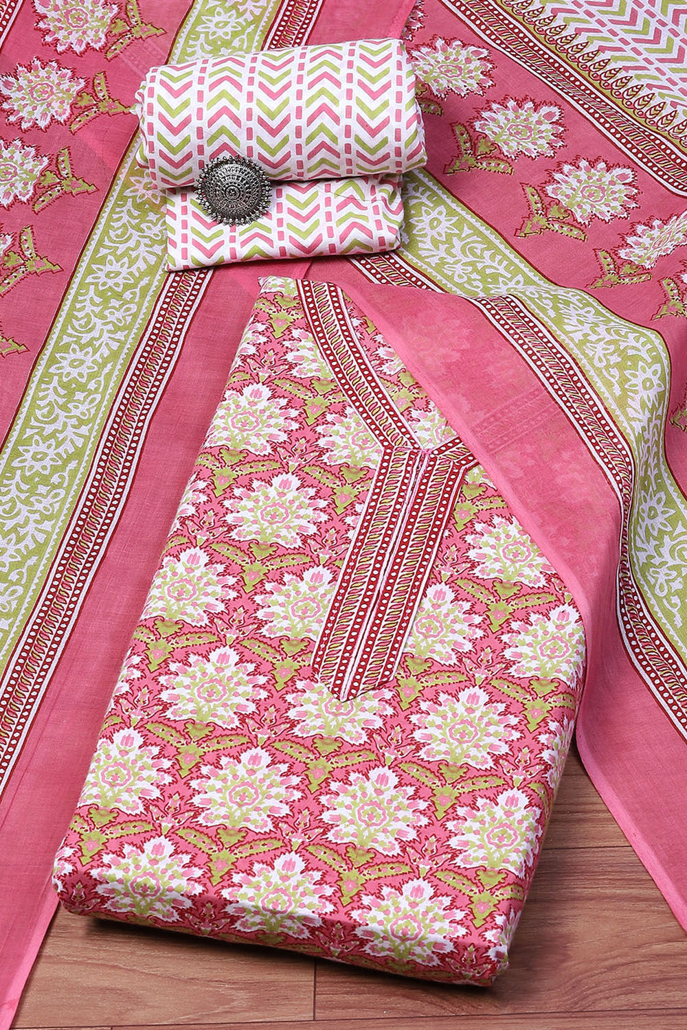 Blue Cotton Screen Printed Unstitched Suit Set image number 0