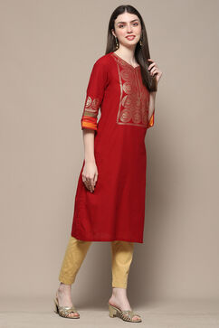 Red Cotton Straight Kurta image number 4