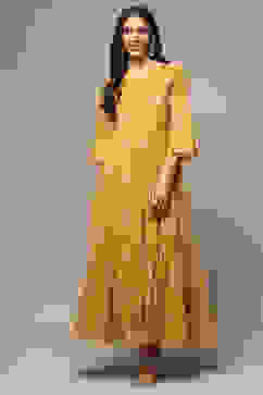 Golden Yellow Cotton Blend Tiered Printed Dress image number 5