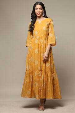 Golden Yellow Cotton Blend Tiered Printed Dress image number 5
