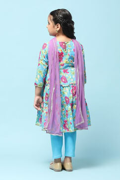 Turquoise Cotton Tiered Printed Suit Set image number 5