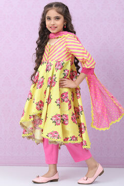 Lime Green Art Silk Flared Kurta Regular Pant Suit Set image number 0