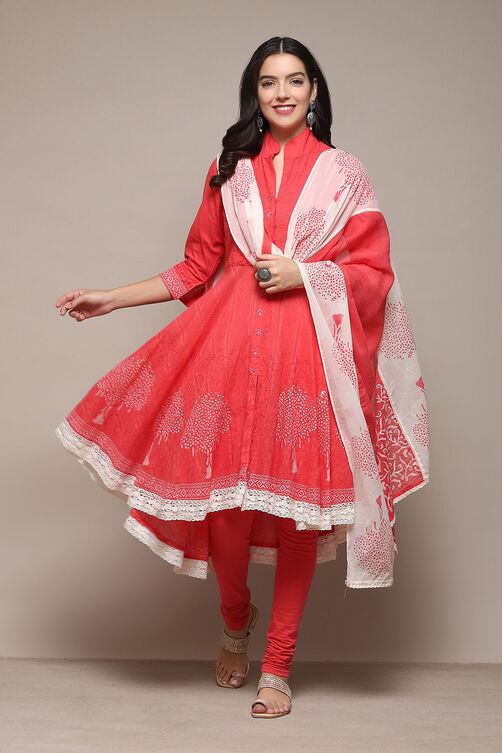 White Cotton Asymmetric Anarkali & Churidar Suit Set image number 7