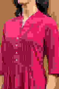 Pink Cotton Solid Pleated A-Line Kurta image number 1