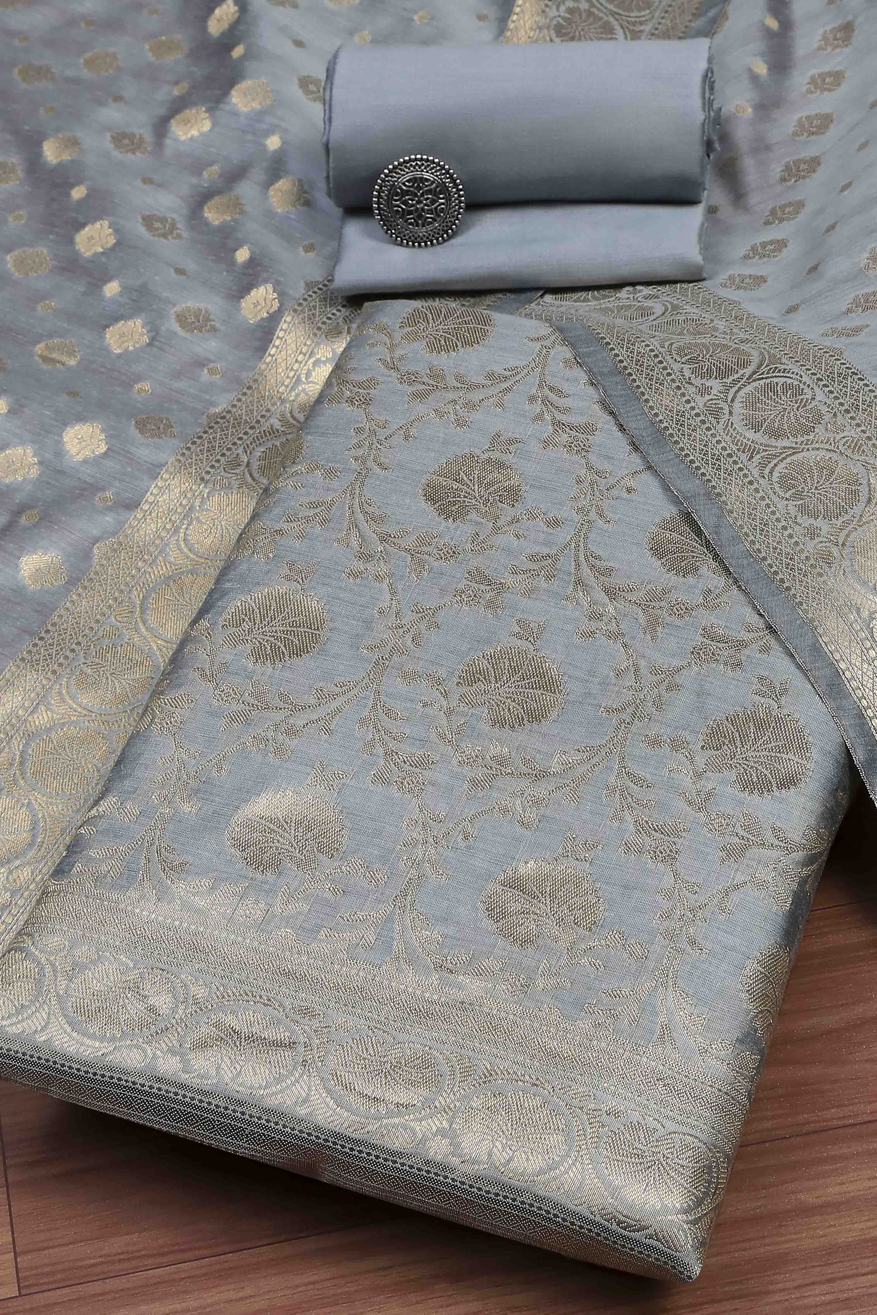 Dusty Grey Banarasi Chanderi Banarasi Print Unstitched Suit Set image number 0