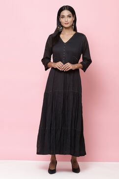Black Flared Cotton Fusion Wear Dress image number 4