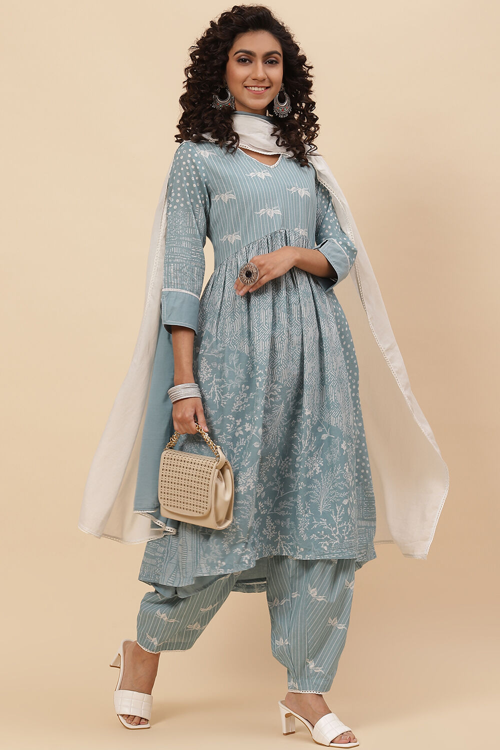 Steel Blue Cotton A-Line Kurta Cross Yoke Salwar Suit Set image number 7