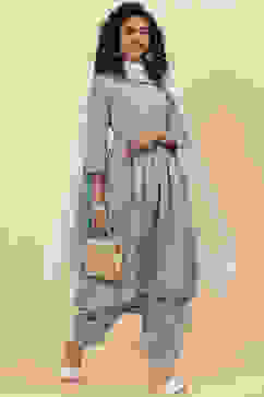 Steel Blue Cotton A-Line Kurta Cross Yoke Salwar Suit Set image number 7