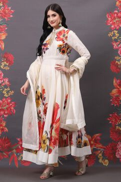 Rohit Bal Off White Cotton Silk Anarkali Printed Suit Set image number 5