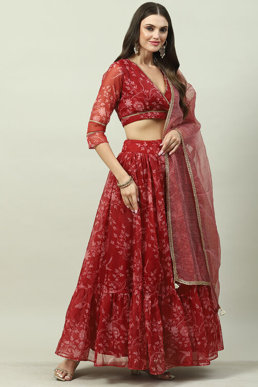 Red Art Silk Lehenga Set image number 6