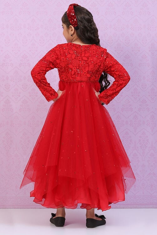 Red Nylon Layered Embroidered Dress image number 4