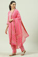 Pink Cotton Screen Print Unstitched Suit Set image number 5