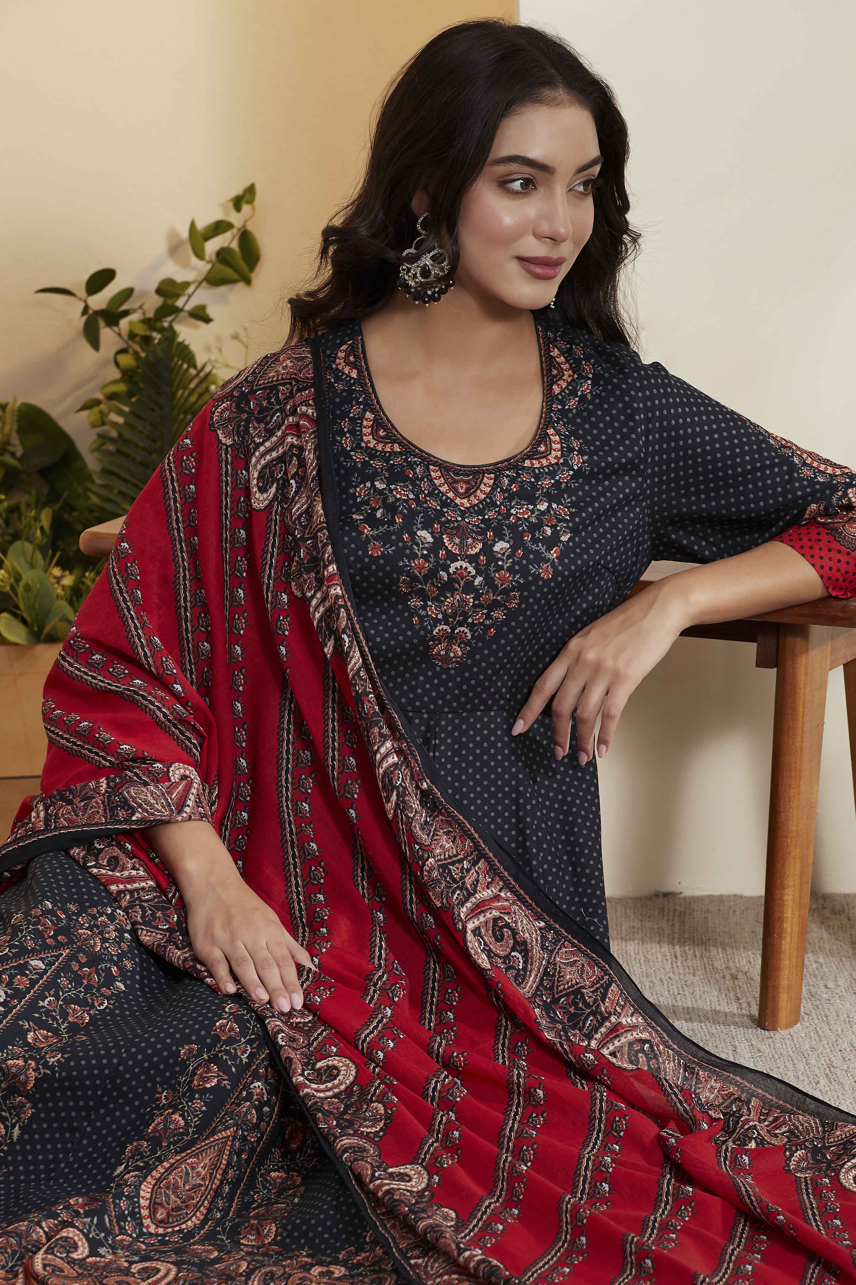 Black Cotton Paisley Printed Anarkali Kurta Set image number 1