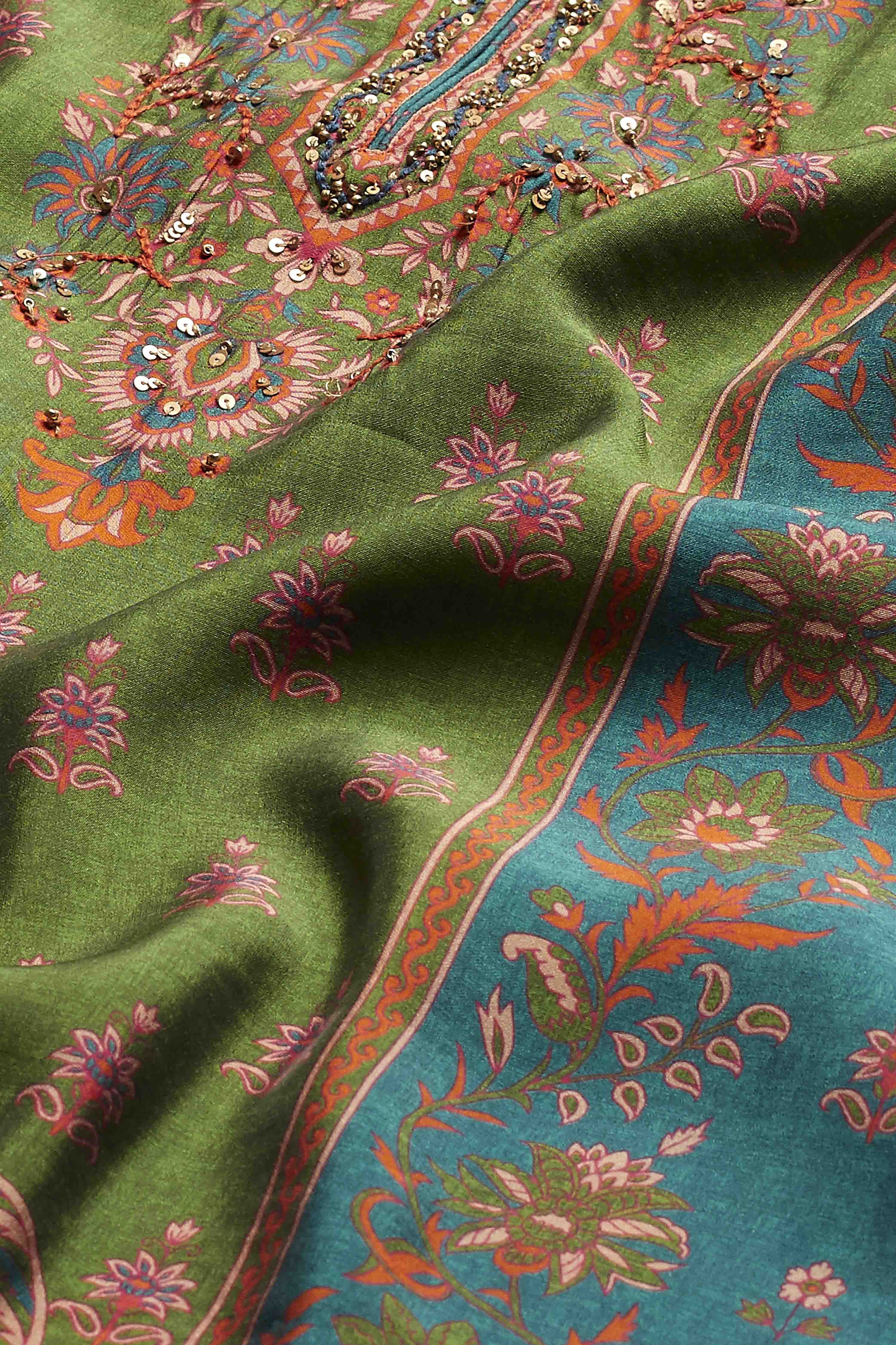Teal & Red Printed Straight Cotton Silk Kurta Set image number 3