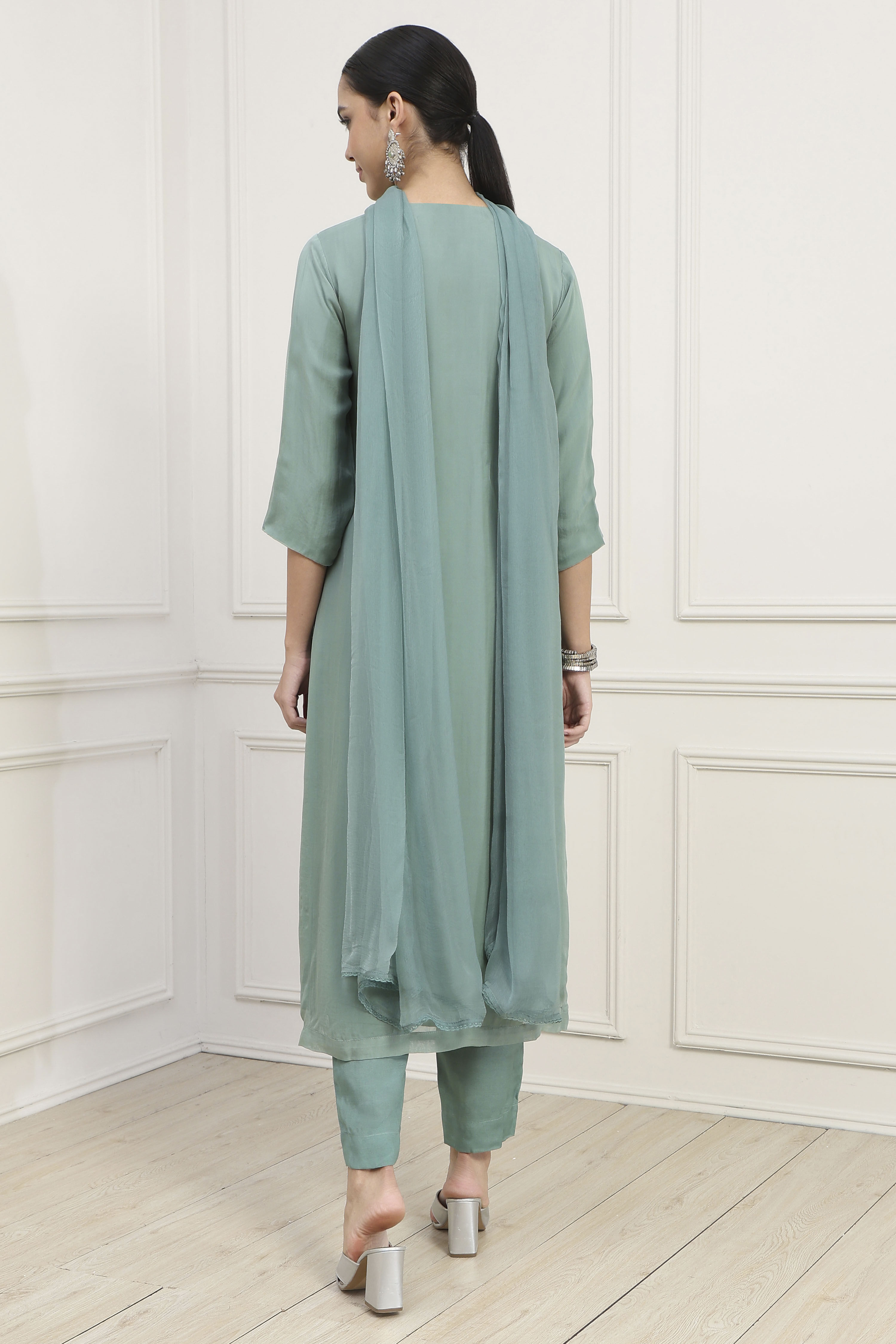 Dull Green Viscose Organza Hand Embroidered Unstitched Suit Set image number 5