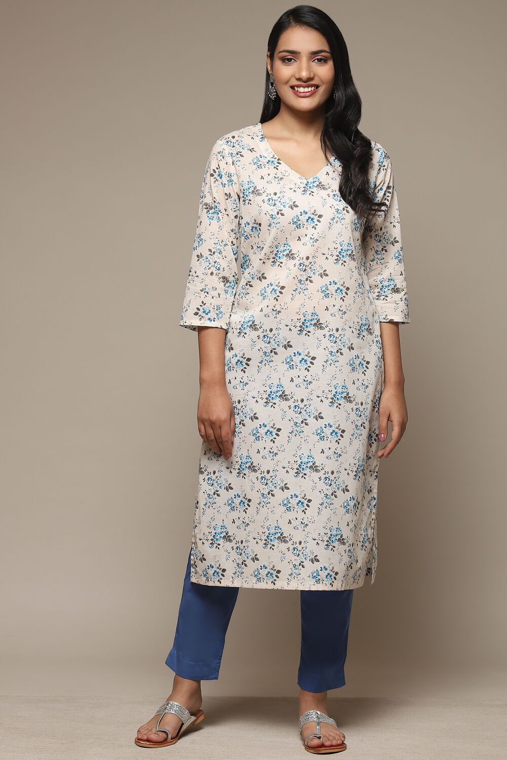 Cream Cotton A-Line Printed Kurta image number 5