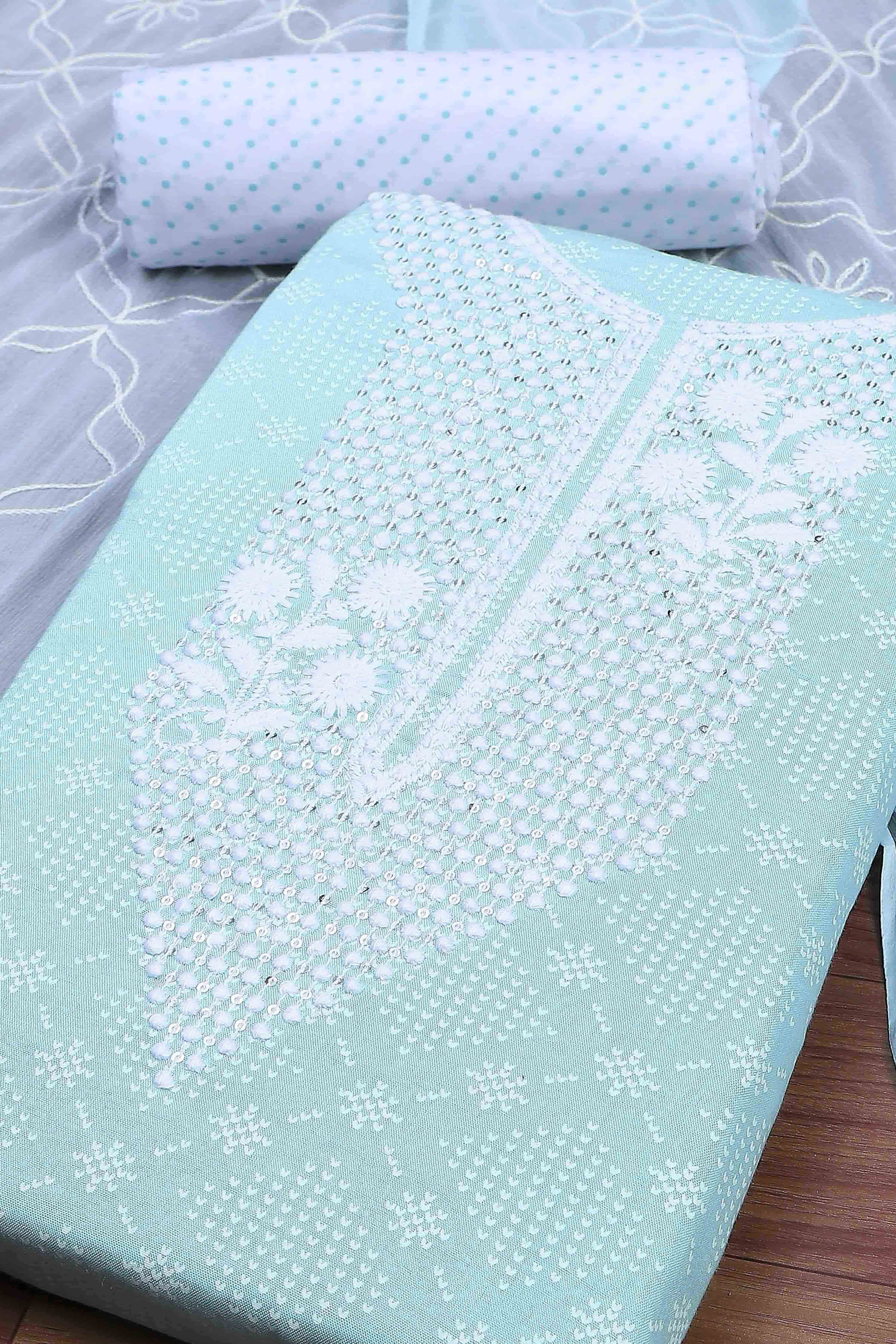 Blue Cotton Printed Embroidered Unstitched Suit Set image number 1